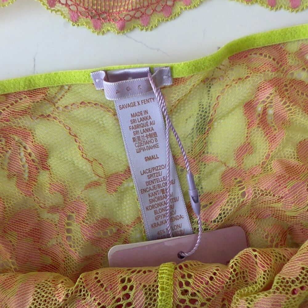 Savage x Fenty Lace Yellow and Pink bralette and panty set size Small - Picture 2 of 3